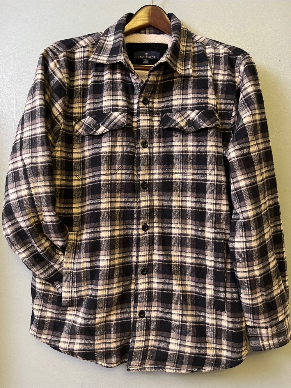 RAINFOREST Cotton Black & Cream Plaid Sherpa Lined Button-Down Shirt